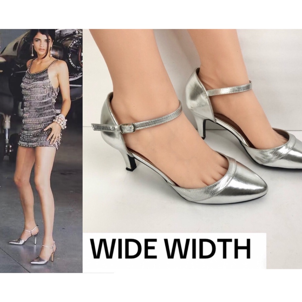 10W WIDE WIDTH Y2k Silver Metallic Pointed Toe Ankle Strap Party Formal Heel